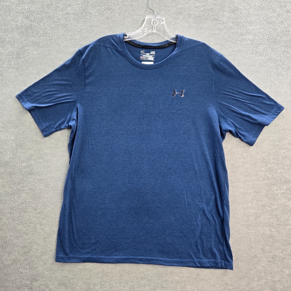 Under Armour Men Shirt Large Blue Striped Loose Heatgear Logo Short Sleeve